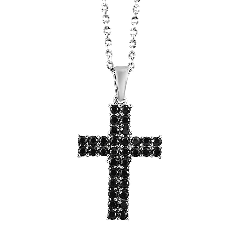 Thai Black Spinel Cross Pendant Necklace 20 Inches in Stainless Steel 1.50 ctw
