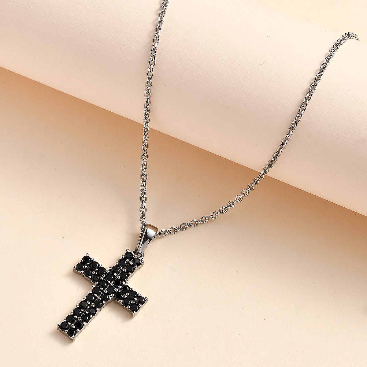 Natural Thai Black Spinel Cross Pendant Necklace 20 Inches in Stainless Steel 1.50 ctw image number 1