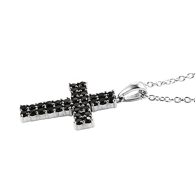 Thai Black Spinel Cross Pendant Necklace 20 Inches in Stainless Steel 1.50 ctw