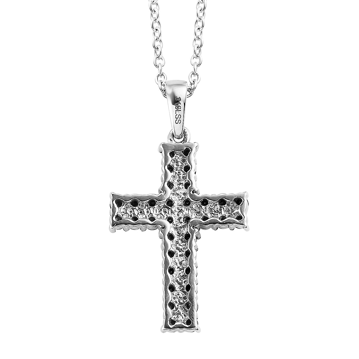 Natural Thai Black Spinel Cross Pendant Necklace 20 Inches in Stainless Steel 1.50 ctw image number 4