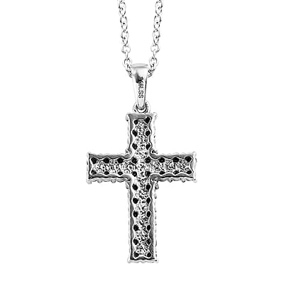 Thai Black Spinel Cross Pendant Necklace 20 Inches in Stainless Steel 1.50 ctw