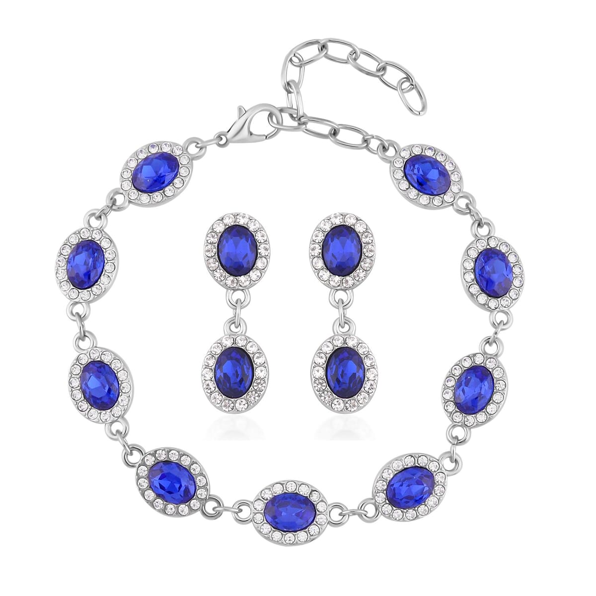 Simulated Blue Sapphire and White Austrian Crystal Bracelet (7.50In) and Earrings in Silvertone image number 0