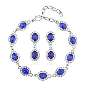 Simulated Blue Sapphire and White Austrian Crystal Bracelet (7.50-9.50In) and Earrings in Silvertone