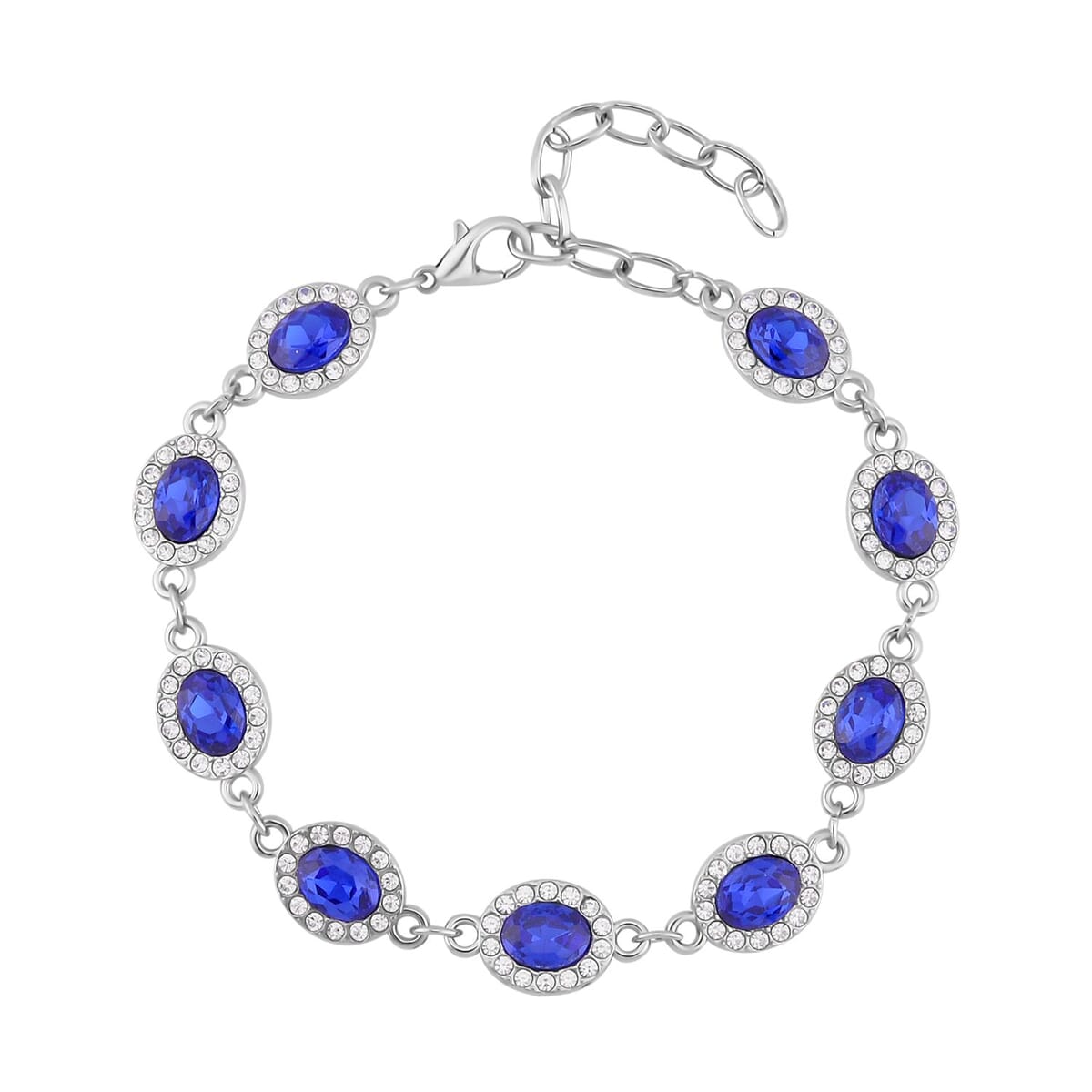 Simulated Blue Sapphire and White Austrian Crystal Bracelet (7.50In) and Earrings in Silvertone image number 2