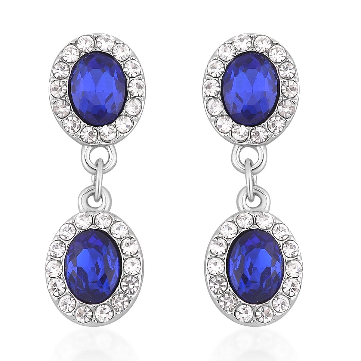 Simulated Blue Sapphire and White Austrian Crystal Bracelet (7.50-9.50In) and Earrings in Silvertone