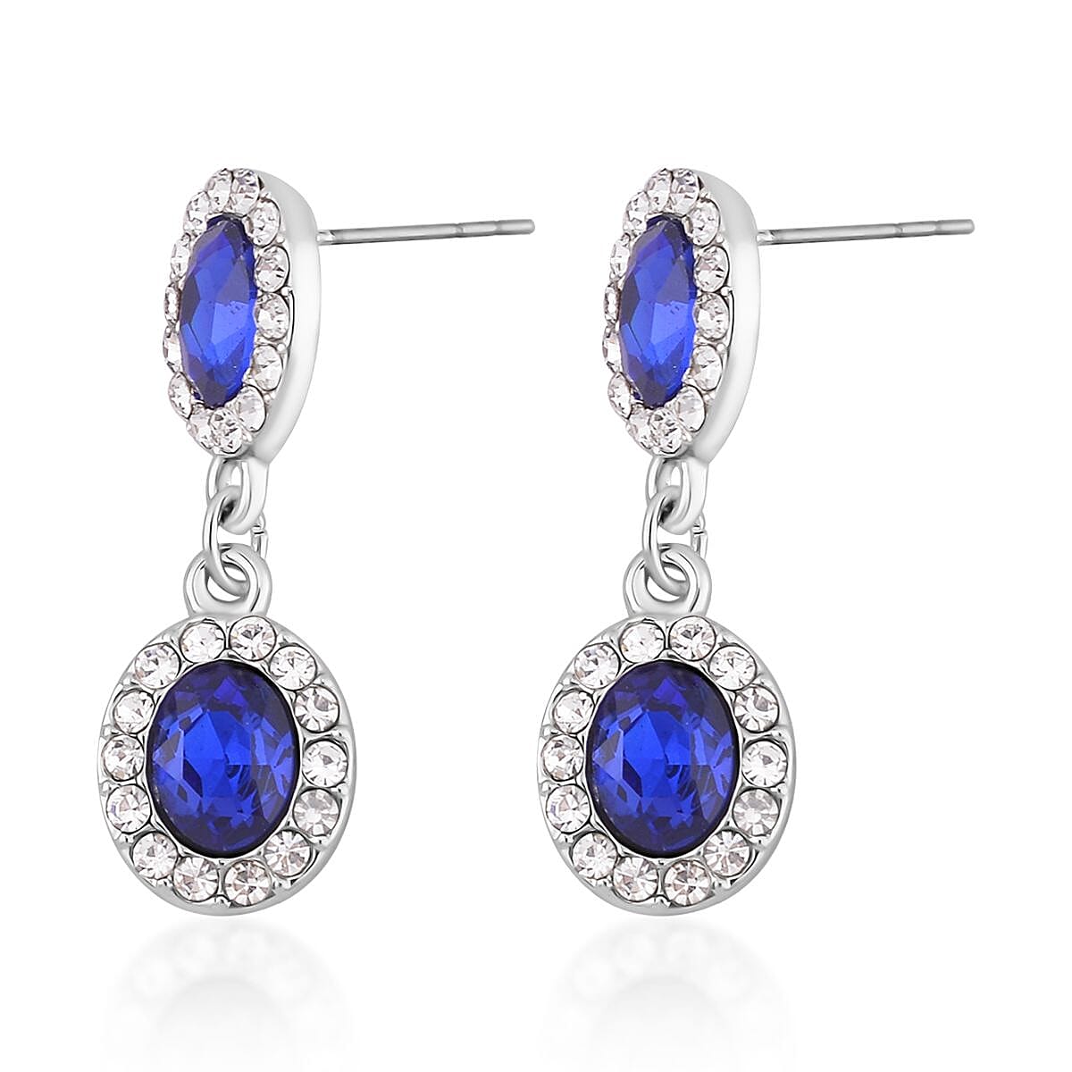 Simulated Blue Sapphire and White Austrian Crystal Bracelet (7.50-9.50In) and Earrings in Silvertone