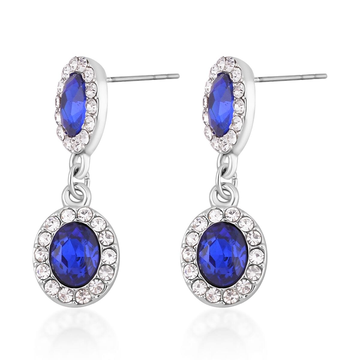 Simulated Blue Sapphire and White Austrian Crystal Bracelet (7.50In) and Earrings in Silvertone image number 5