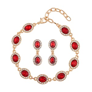 Simulated Ruby and White Austrian Crystal Bracelet (7.50-9.50In) and Earrings in Goldtone