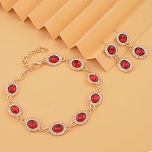 Simulated Ruby and White Austrian Crystal Bracelet (7.50-9.50In) and Earrings in Goldtone