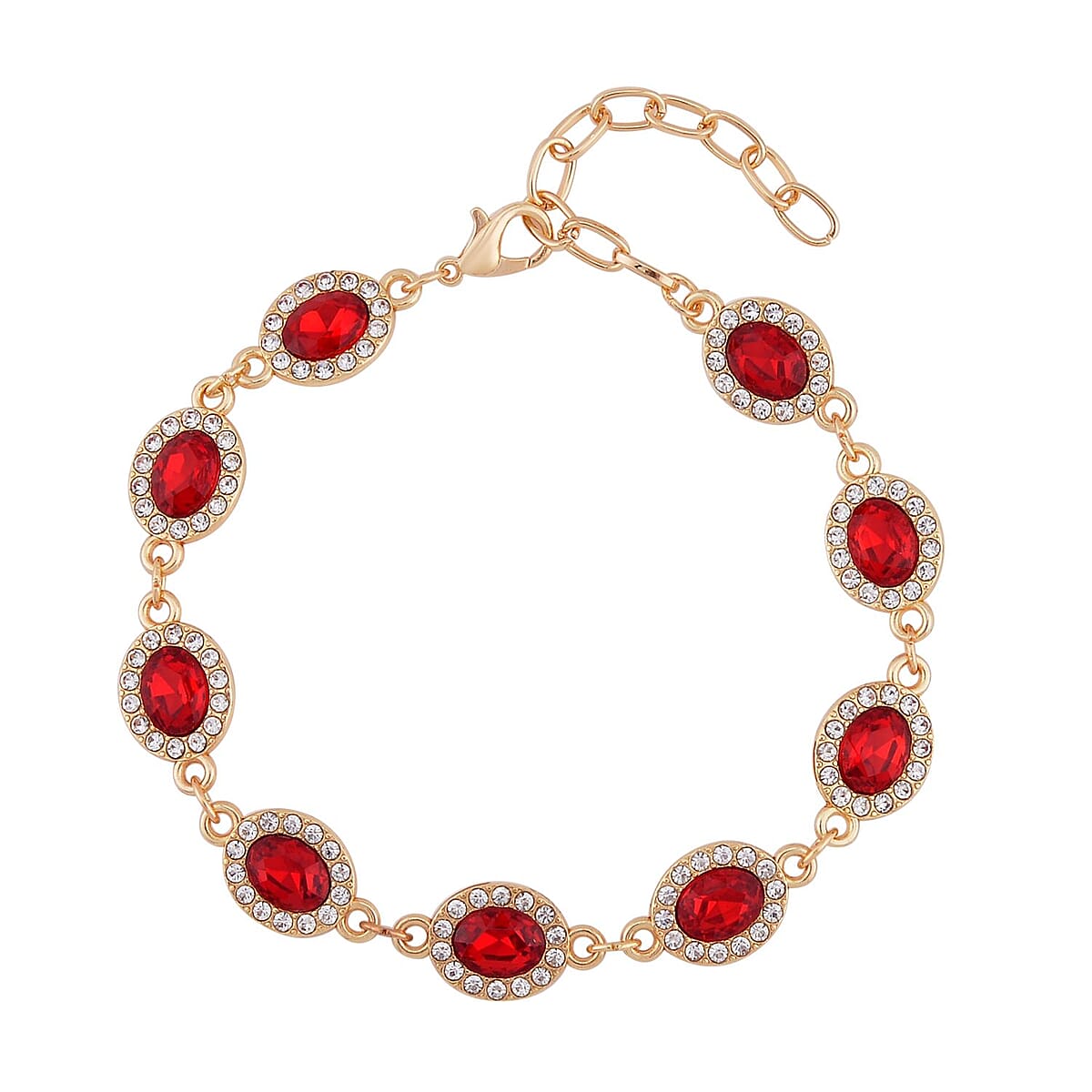 Simulated Ruby and White Austrian Crystal Bracelet (7.50-9.50In) and Earrings in Goldtone image number 2