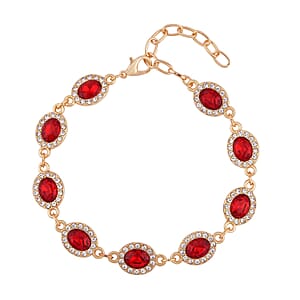 Simulated Ruby and White Austrian Crystal Bracelet (7.50-9.50In) and Earrings in Goldtone