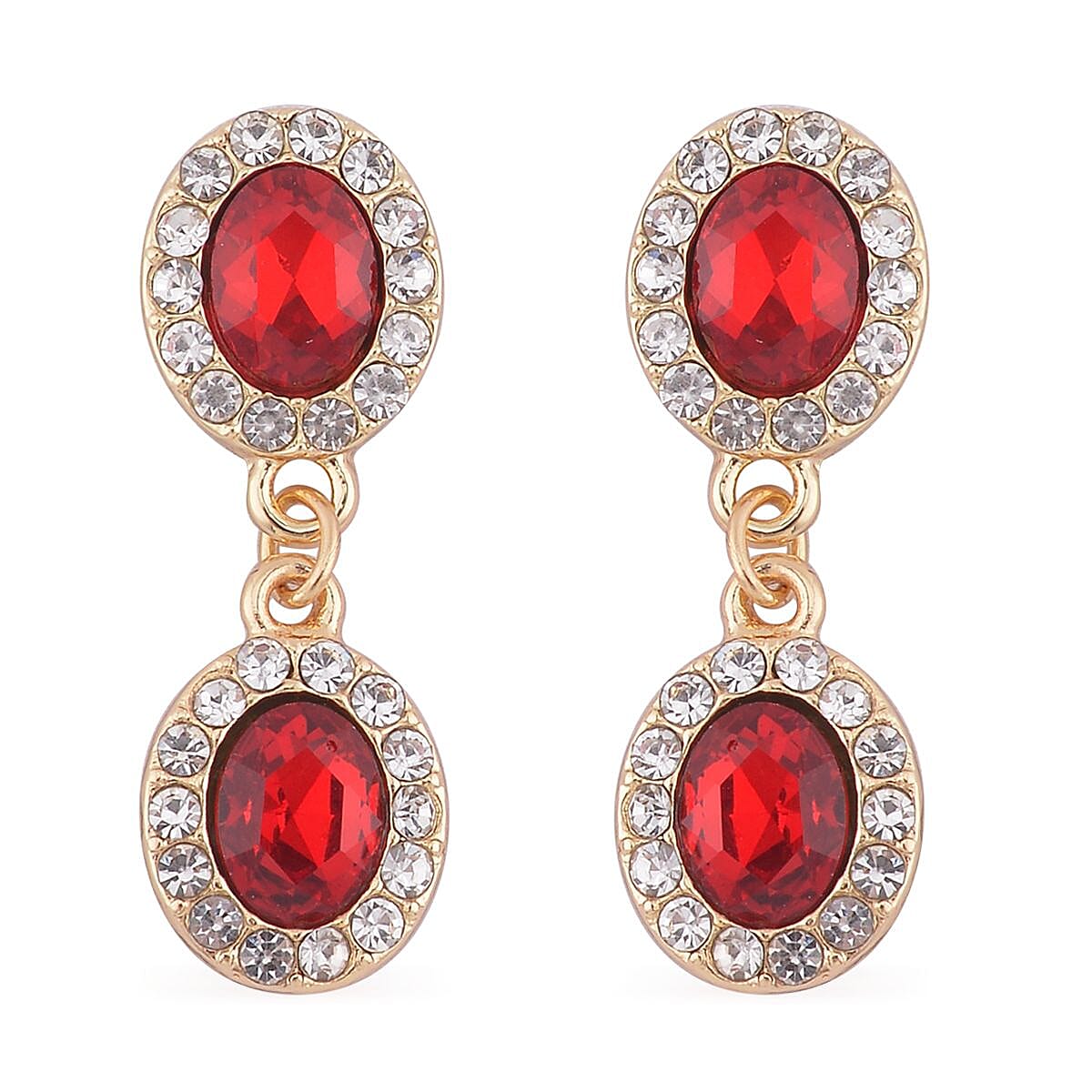 Simulated Ruby and White Austrian Crystal Bracelet (7.50-9.50In) and Earrings in Goldtone image number 4