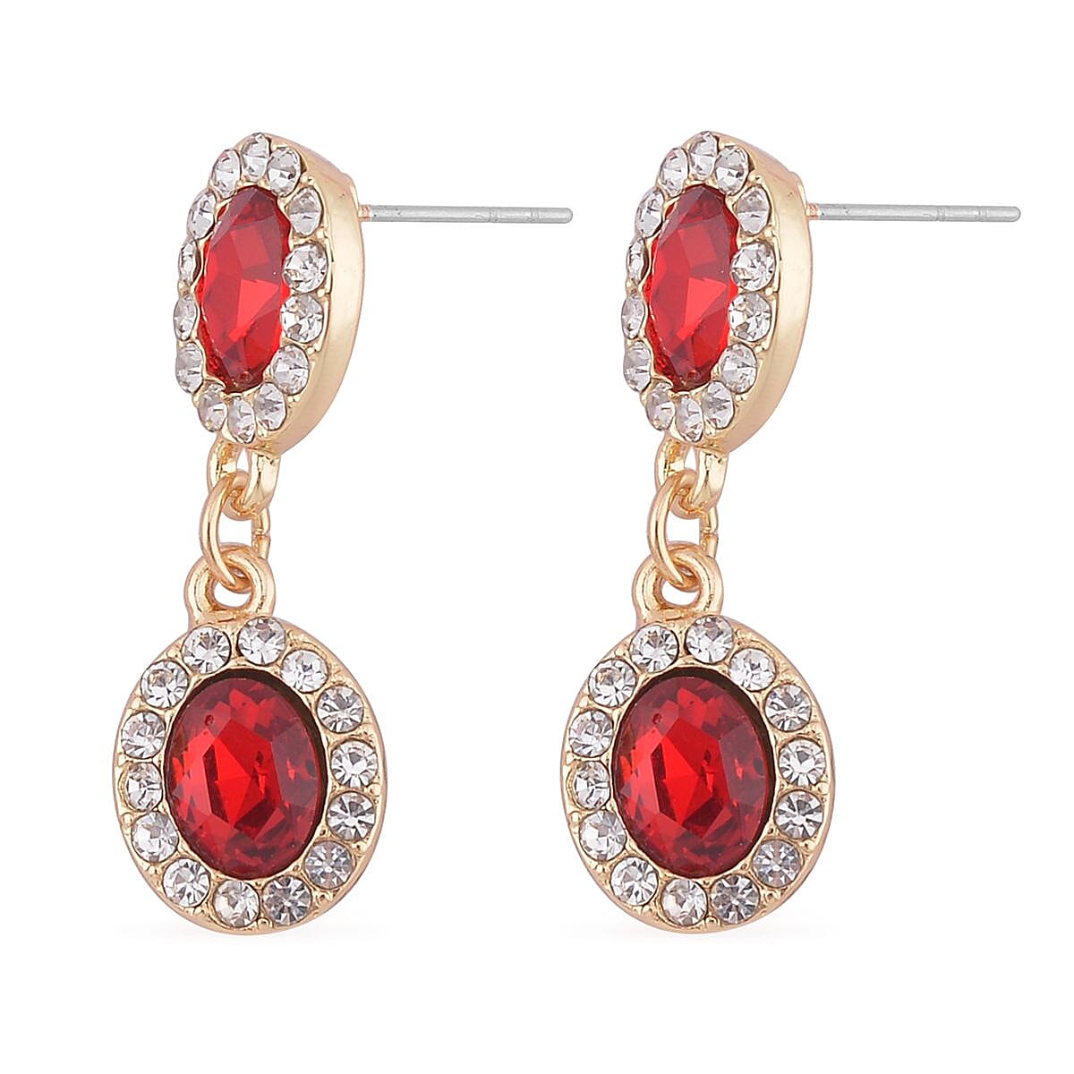 Simulated Ruby and White Austrian Crystal Bracelet (7.50-9.50In) and Earrings in Goldtone image number 5