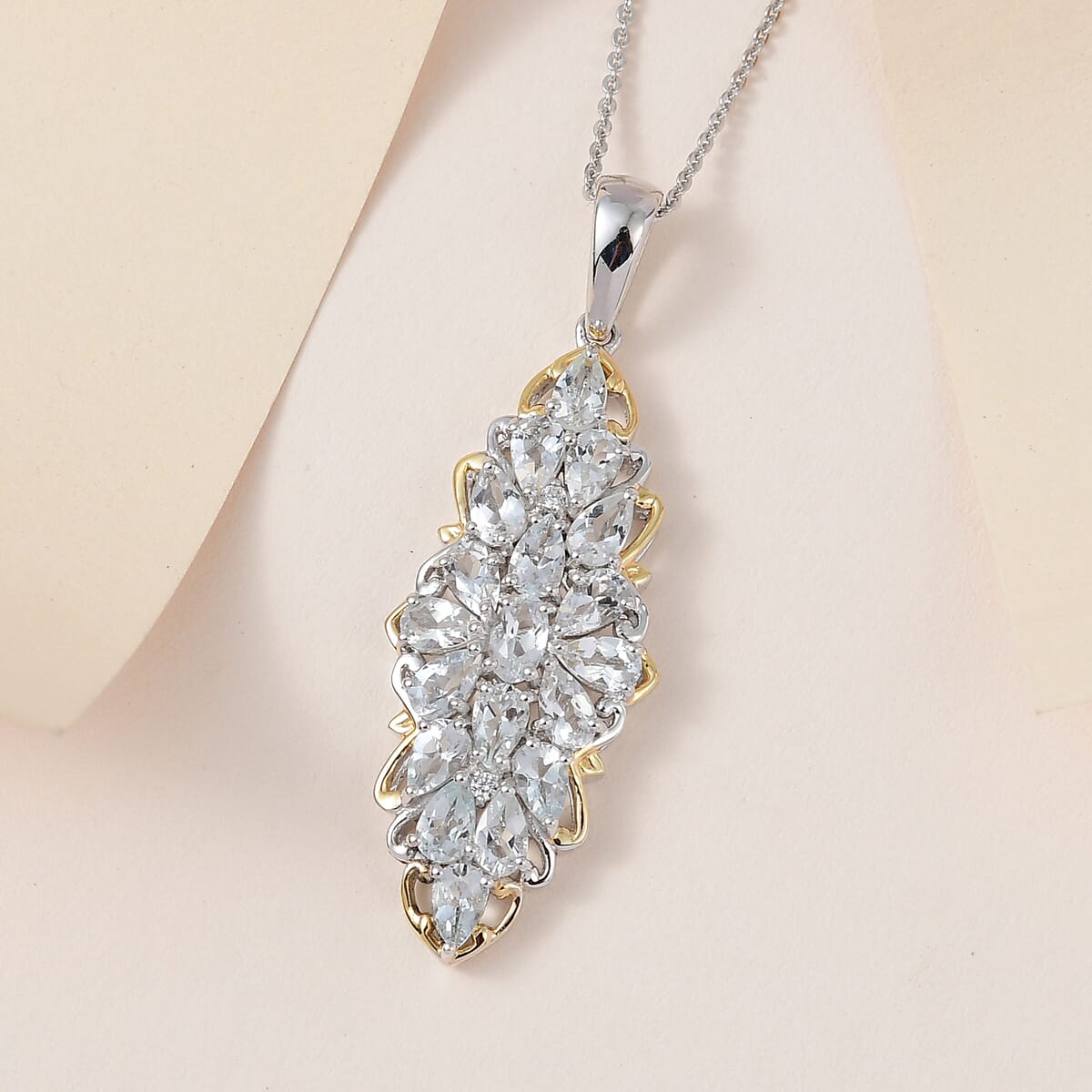 Brazilian Goshenite and White Zircon Elongated Pendant Necklace 20 Inches in Vermeil YG and Platinum Over Sterling Silver 3.50 ctw image number 1