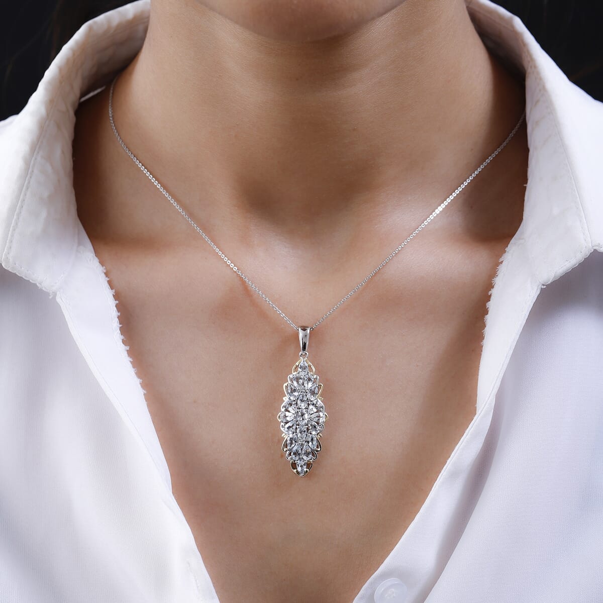 Brazilian Goshenite and White Zircon Elongated Pendant Necklace 20 Inches in Vermeil YG and Platinum Over Sterling Silver 3.50 ctw image number 2