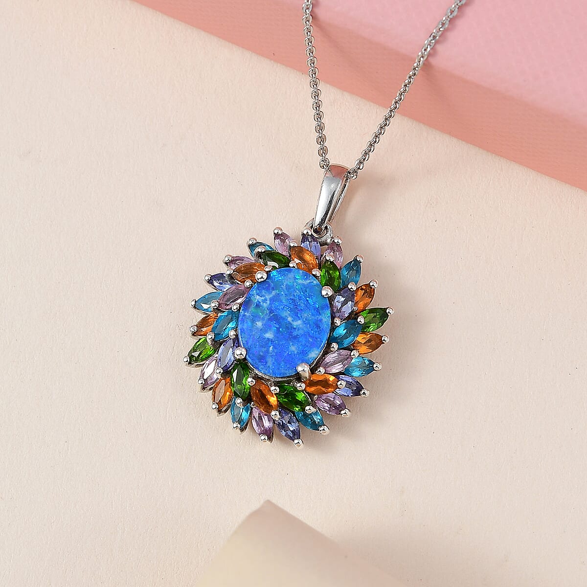 Boulder Opal Triplet and Multi Gemstone Cocktail Pendant Necklace 20 Inches in Platinum Over Sterling Silver 5.00 ctw image number 1