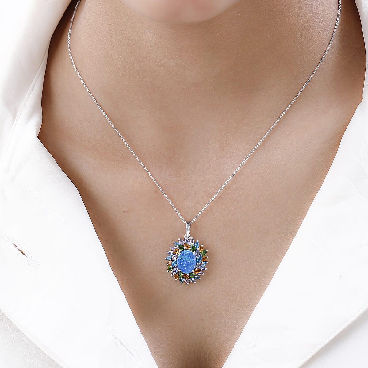Boulder Opal Triplet and Multi Gemstone Cocktail Pendant Necklace 20 Inches in Platinum Over Sterling Silver 5.00 ctw image number 2