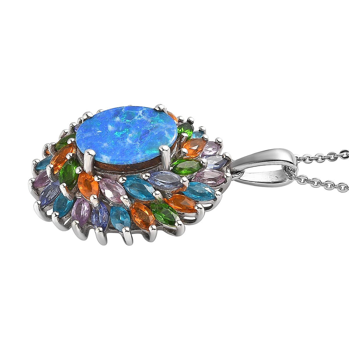 Boulder Opal Triplet and Multi Gemstone Cocktail Pendant Necklace 20 Inches in Platinum Over Sterling Silver 5.00 ctw image number 3