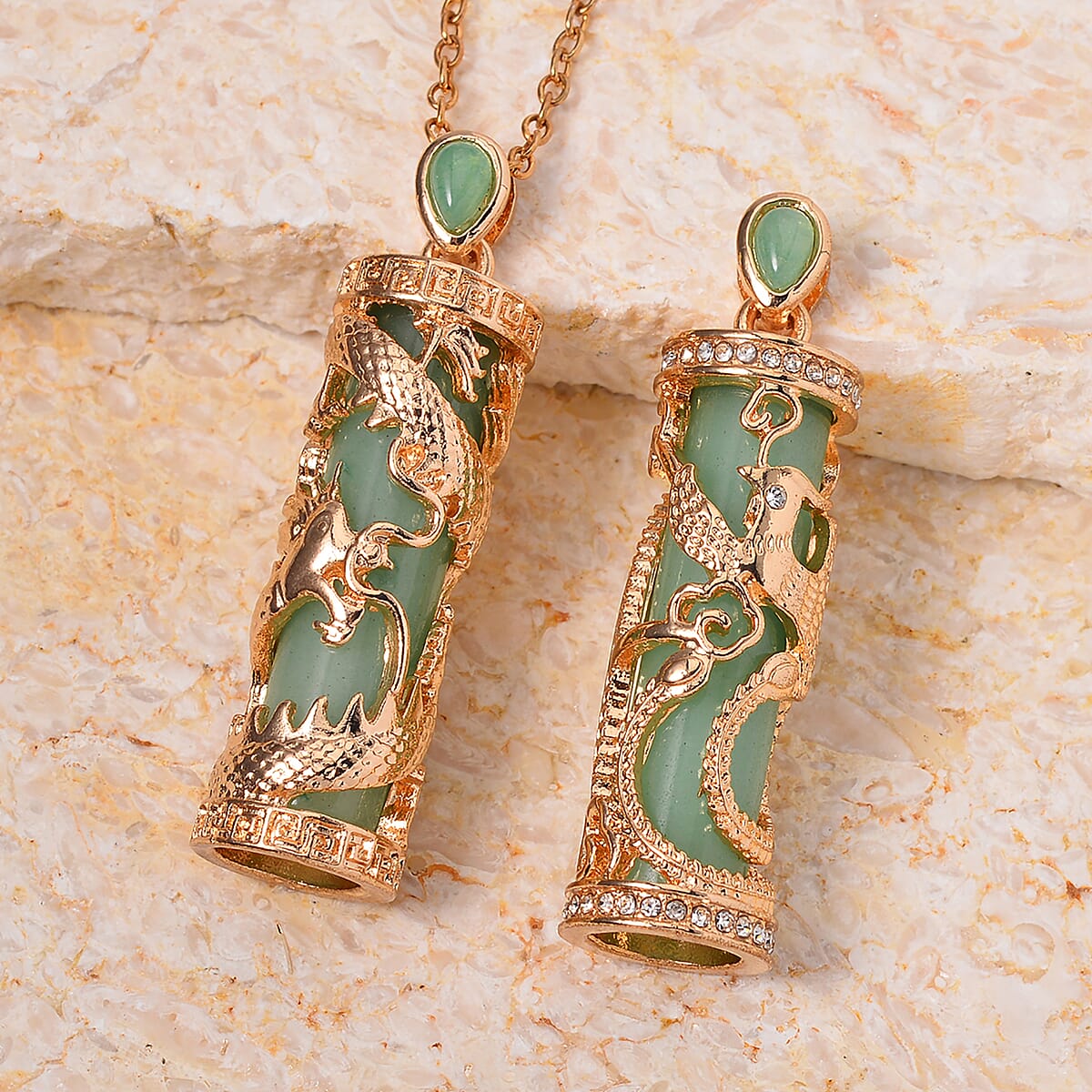 Green Aventurine and Austrian Crystal Set of 2 Eagle & Dragon Pendant Necklace 24 Inches in Goldtone 36.00 ctw image number 1
