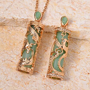Green Aventurine and Austrian Crystal Set of 2 Eagle & Dragon Pendant Necklace 24 Inches in Goldtone 36.00 ctw
