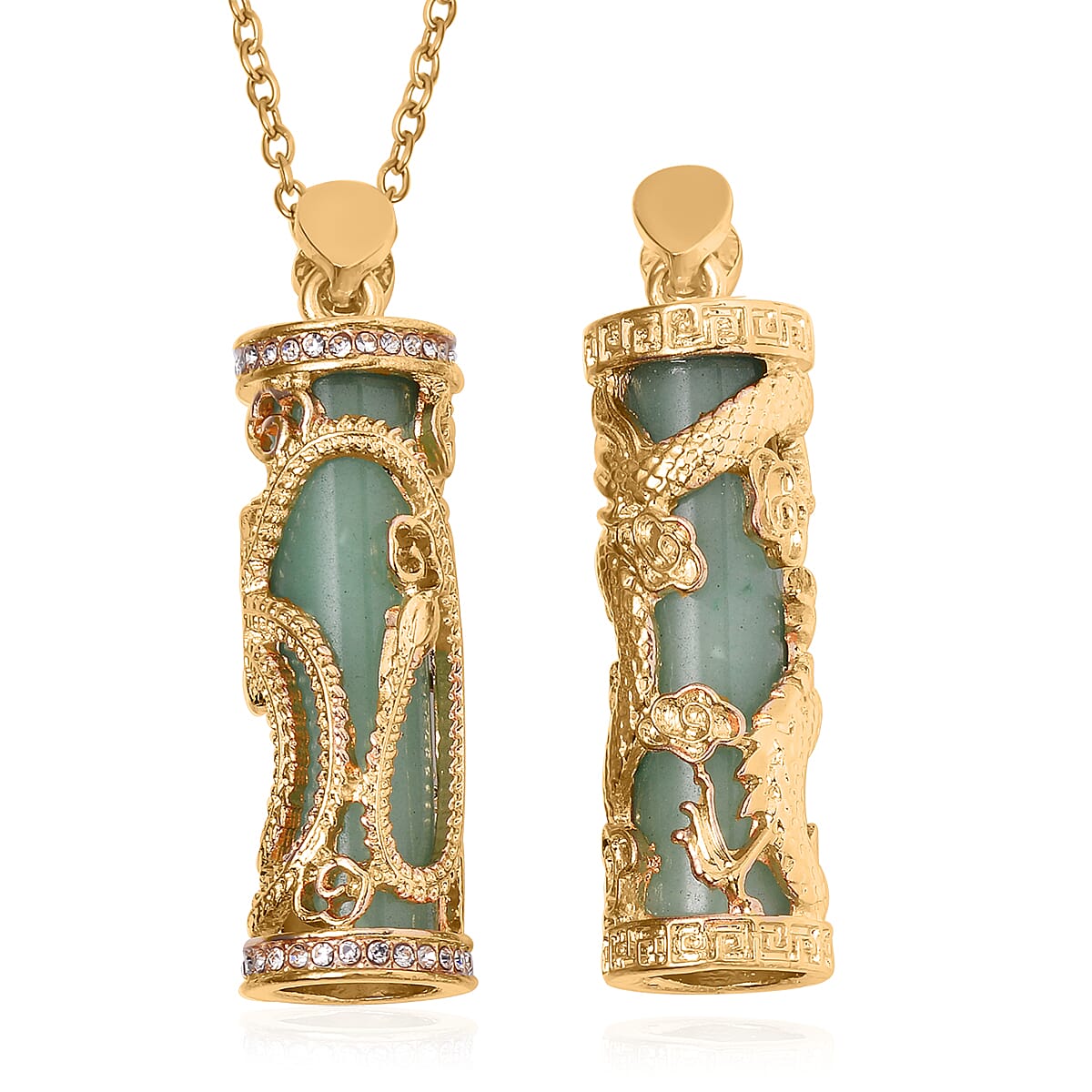 Green Aventurine and Austrian Crystal Set of 2 Eagle & Dragon Pendant Necklace 24 Inches in Goldtone 36.00 ctw image number 3
