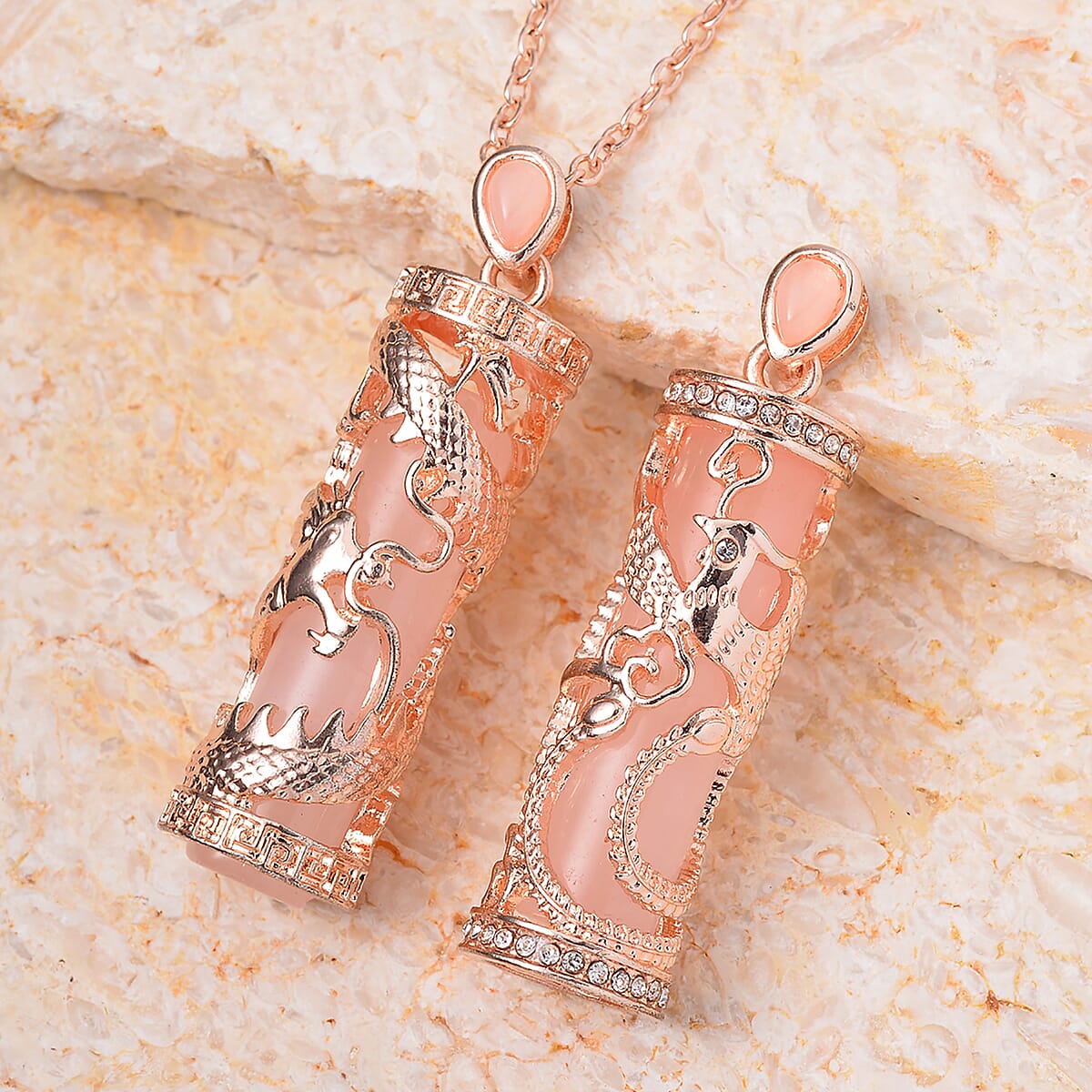 Galilea Rose Quartz and Austrian Crystal Set of 2 Eagle & Dragon Pendant Necklace 24 Inches in Rosetone 36.00 ctw image number 1