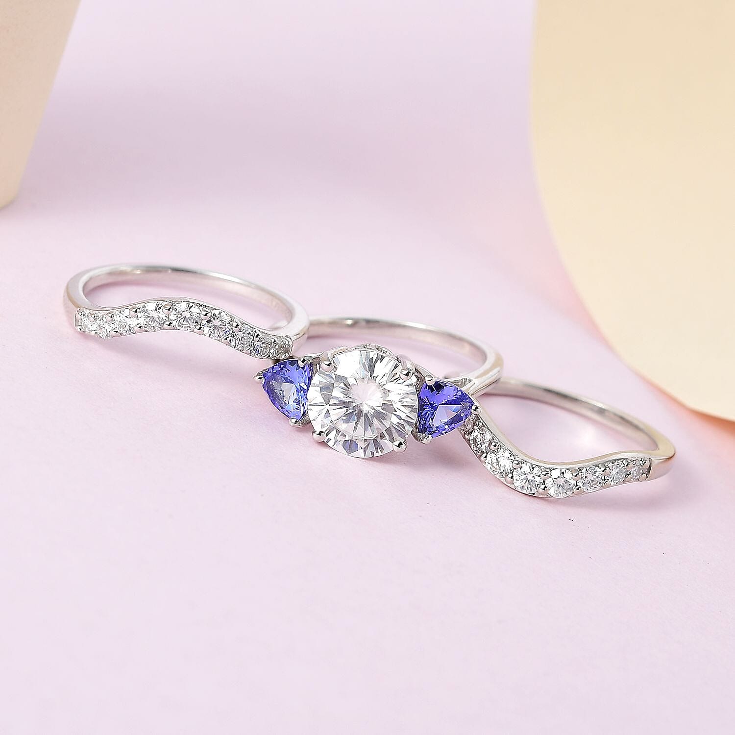 Moissanite and Tanzanite Set of 3 Stackable Ring in Platinum Over Sterling Silver (Size 5.0) 4.00 ctw