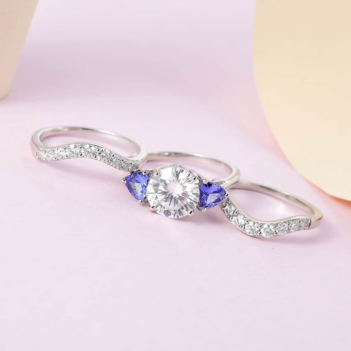 Moissanite and Tanzanite Set of 2 Stackable Ring in Platinum Over Sterling Silver (Size 7.0) 4.00 ctw image number 1