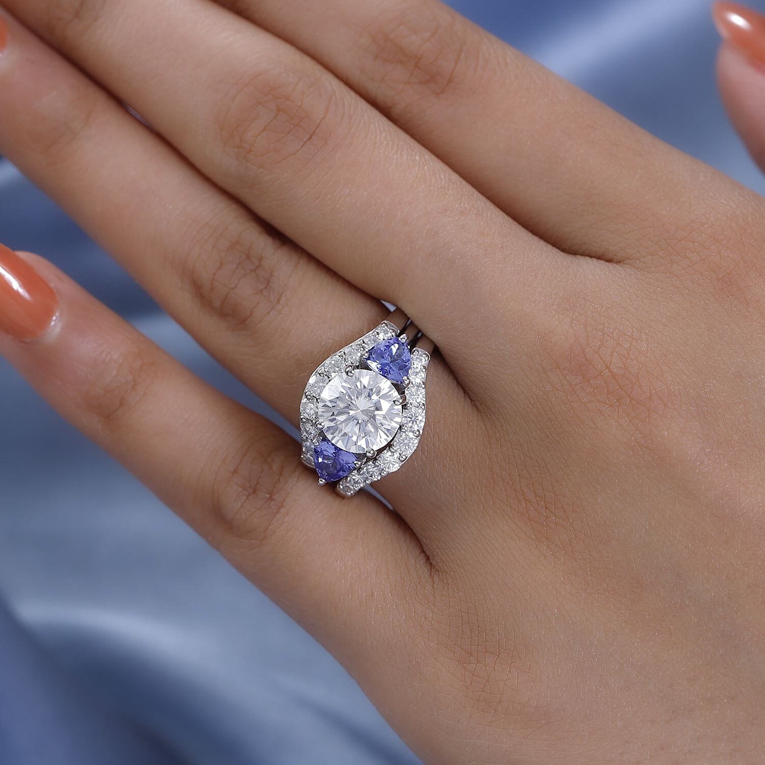 Moissanite and Tanzanite Set of 3 Stackable Ring in Platinum Over Sterling Silver (Size 5.0) 4.00 ctw