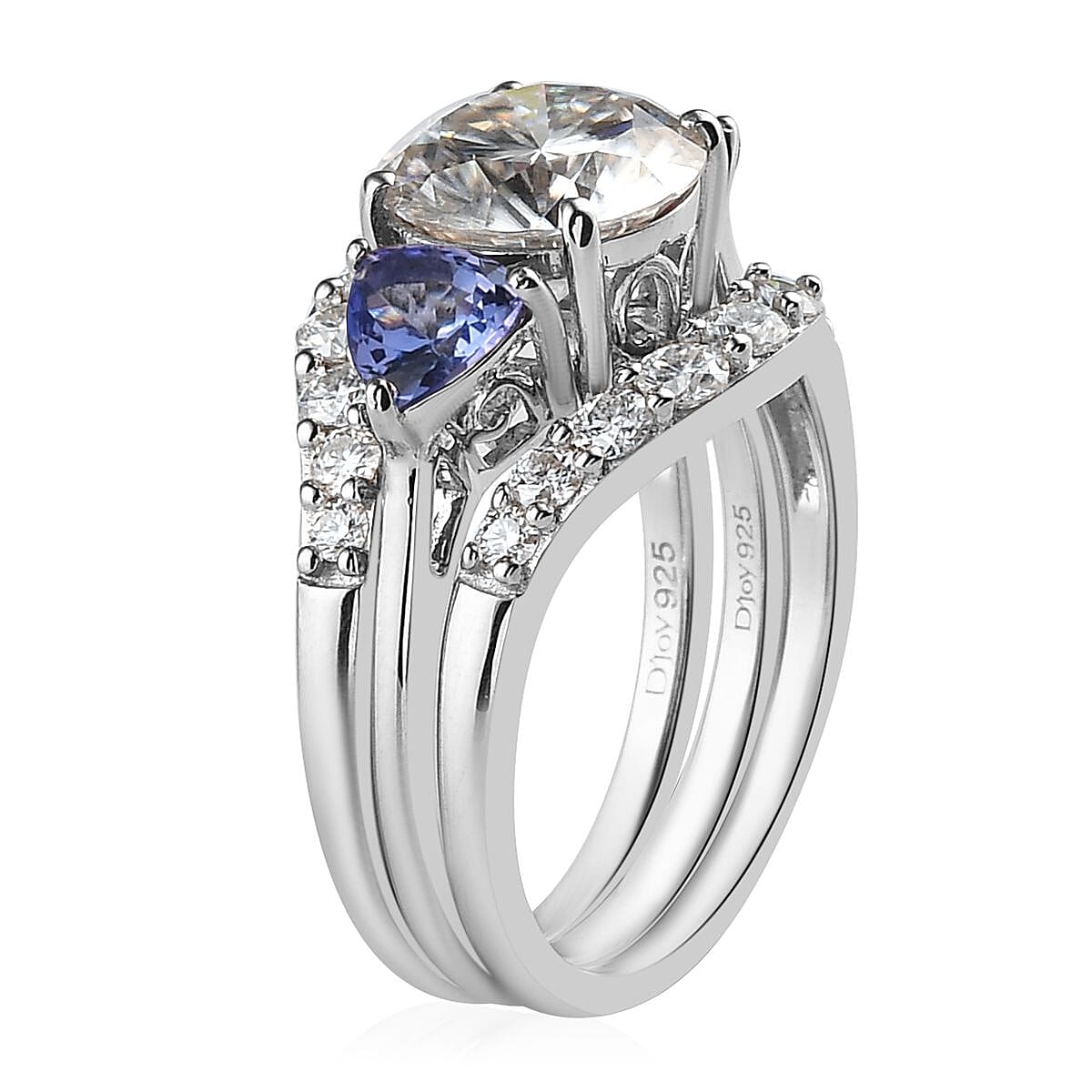 Moissanite and Tanzanite Set of 3 Stackable Ring in Platinum Over Sterling Silver (Size 5.0) 4.00 ctw