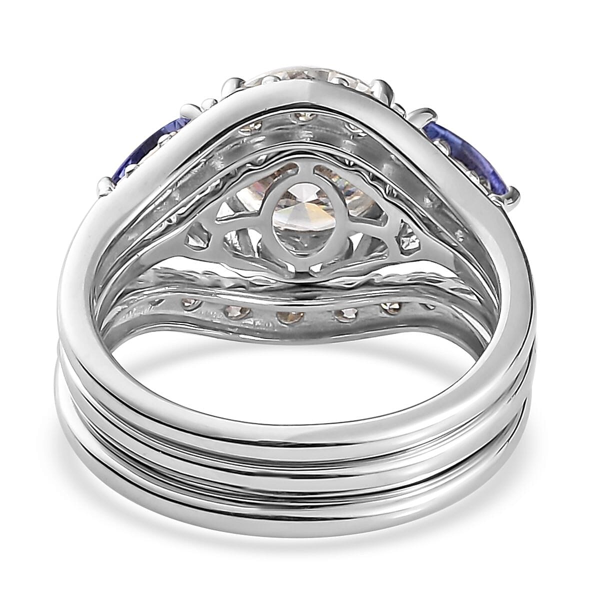 Moissanite and Tanzanite Set of 3 Stackable Ring in Platinum Over Sterling Silver (Size 5.0) 4.00 ctw
