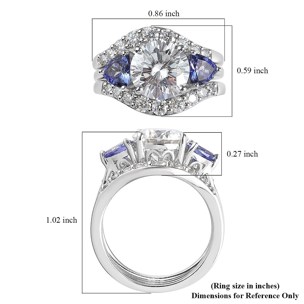 Moissanite and Tanzanite Set of 3 Stackable Ring in Platinum Over Sterling Silver (Size 5.0) 4.00 ctw