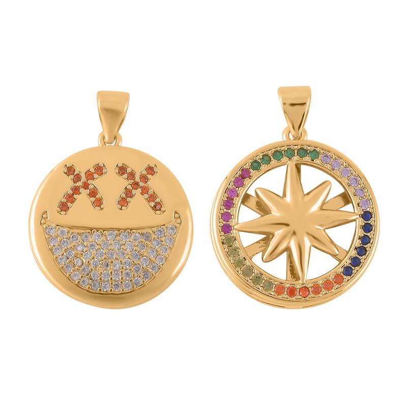 Simulated Multi Color Diamond, Enameled Set of 2 Star & Crescent Moon Pendant without Chain in Goldtone 0.70 ctw