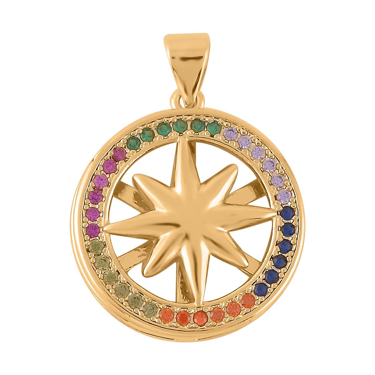 Simulated Multi Color Diamond, Enameled Set of 2 Star & Crescent Moon Pendant without Chain in Goldtone 0.70 ctw