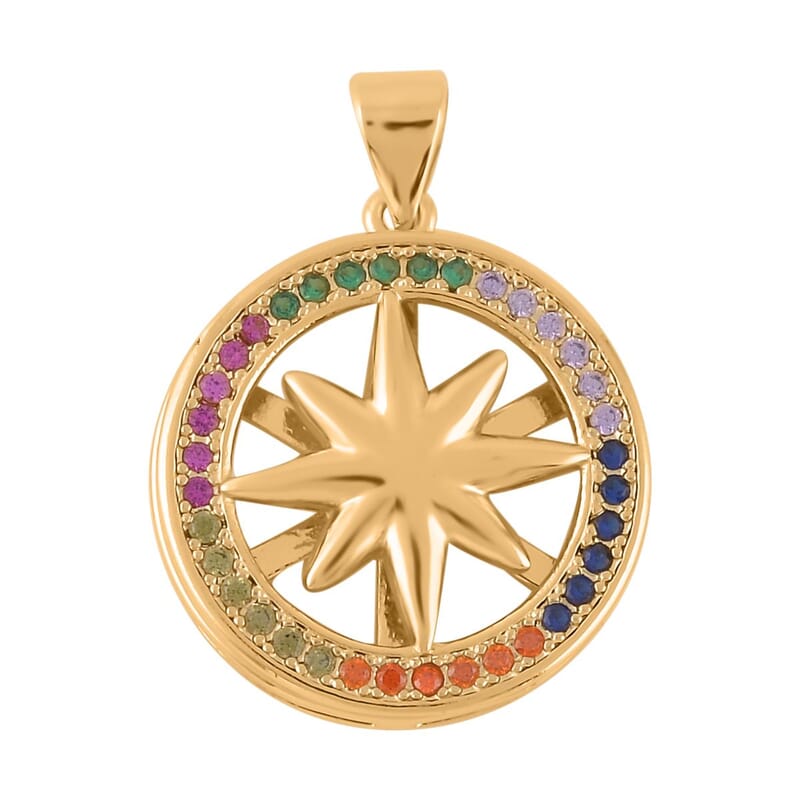 Simulated Multi Color Diamond, Enameled Set of 2 Star & Crescent Moon Pendant without Chain in Goldtone 0.70 ctw