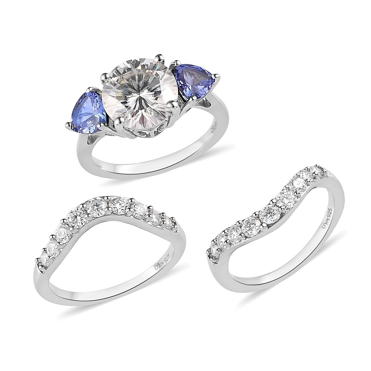 Moissanite and Tanzanite Set of 3 Stackable Ring in Platinum Over Sterling Silver (Size 10.0) 4.00 ctw image number 2