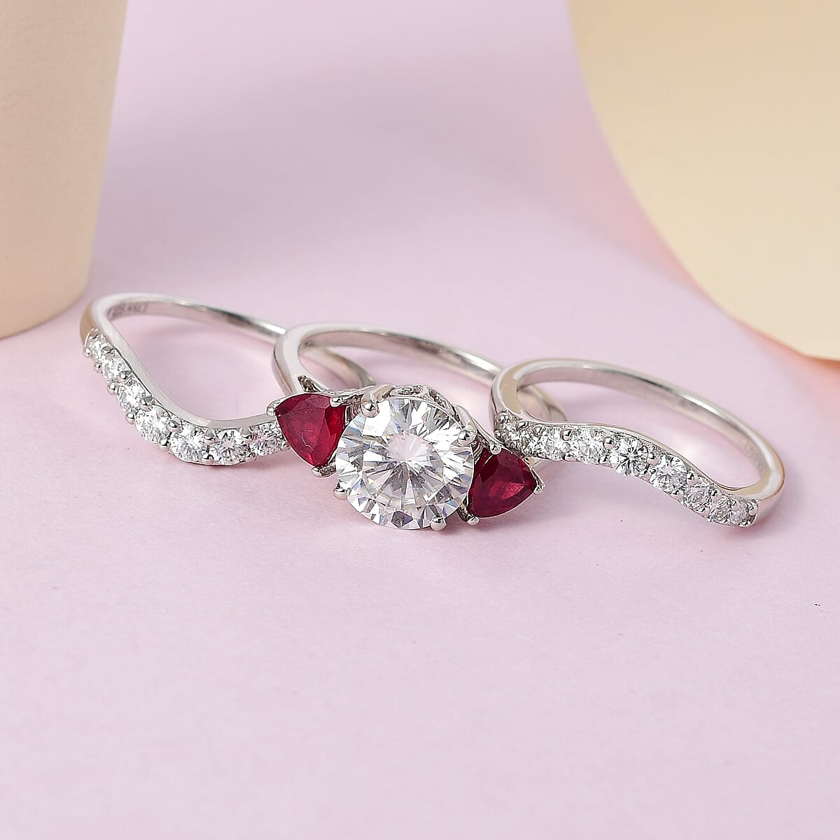 Moissanite and Niassa Ruby (FF) Set of 3 Stackable Ring in Platinum Over Sterling Silver (Size 9.0) 4.35 ctw image number 1