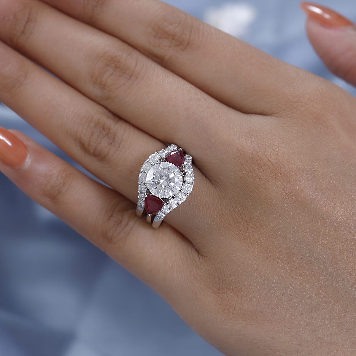 Moissanite and Niassa Ruby (FF) Set of 3 Stackable Ring in Platinum Over Sterling Silver (Size 9.0) 4.35 ctw image number 2