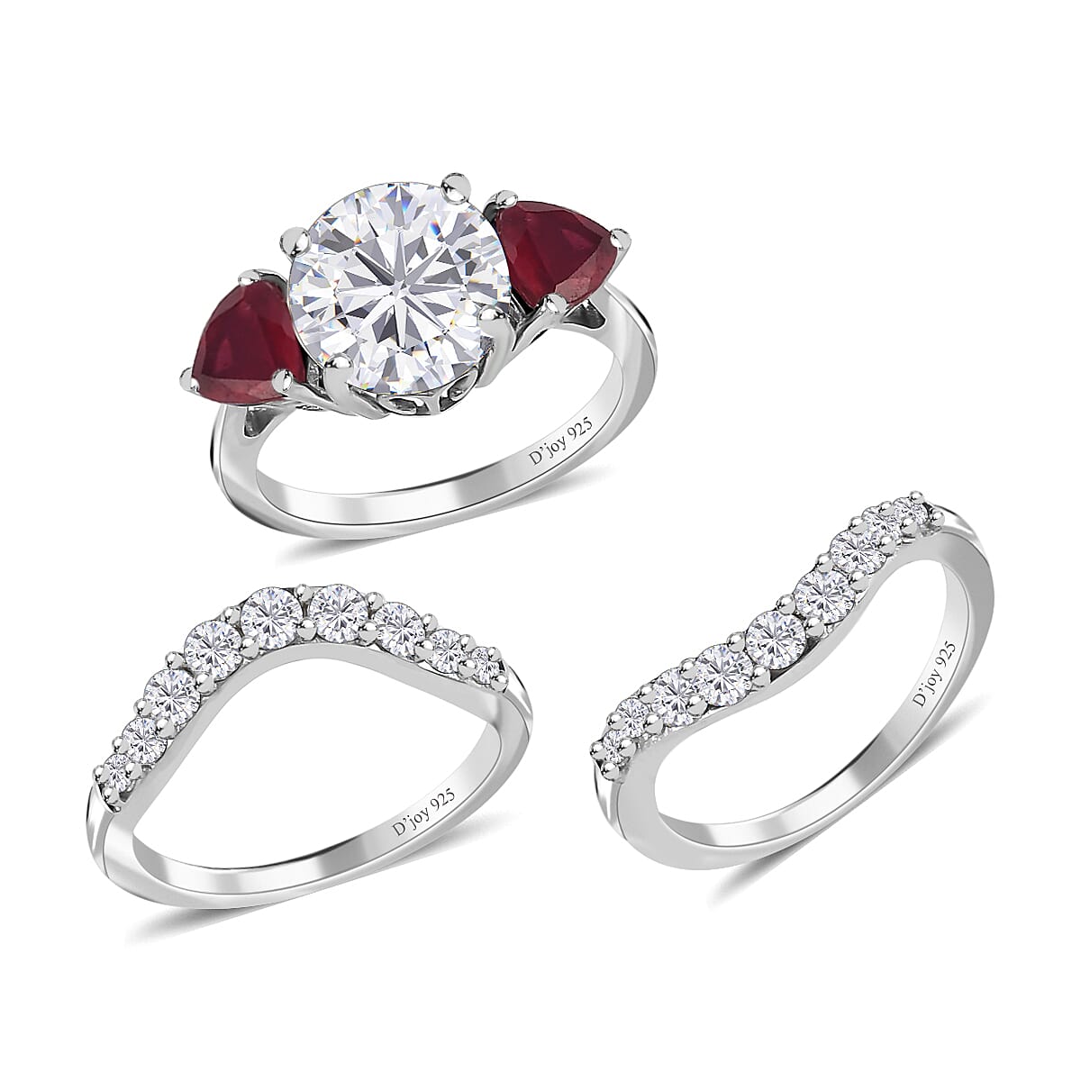 Moissanite and Niassa Ruby (FF) Set of 3 Stackable Ring in Platinum Over Sterling Silver (Size 9.0) 4.35 ctw image number 3