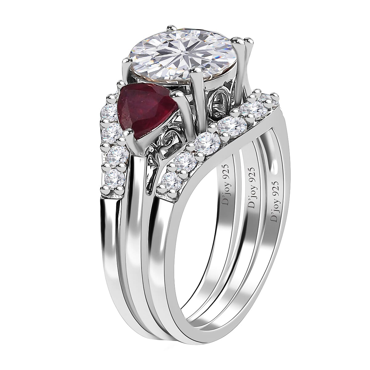 Moissanite and Niassa Ruby (FF) Set of 3 Stackable Ring in Platinum Over Sterling Silver (Size 9.0) 4.35 ctw image number 4