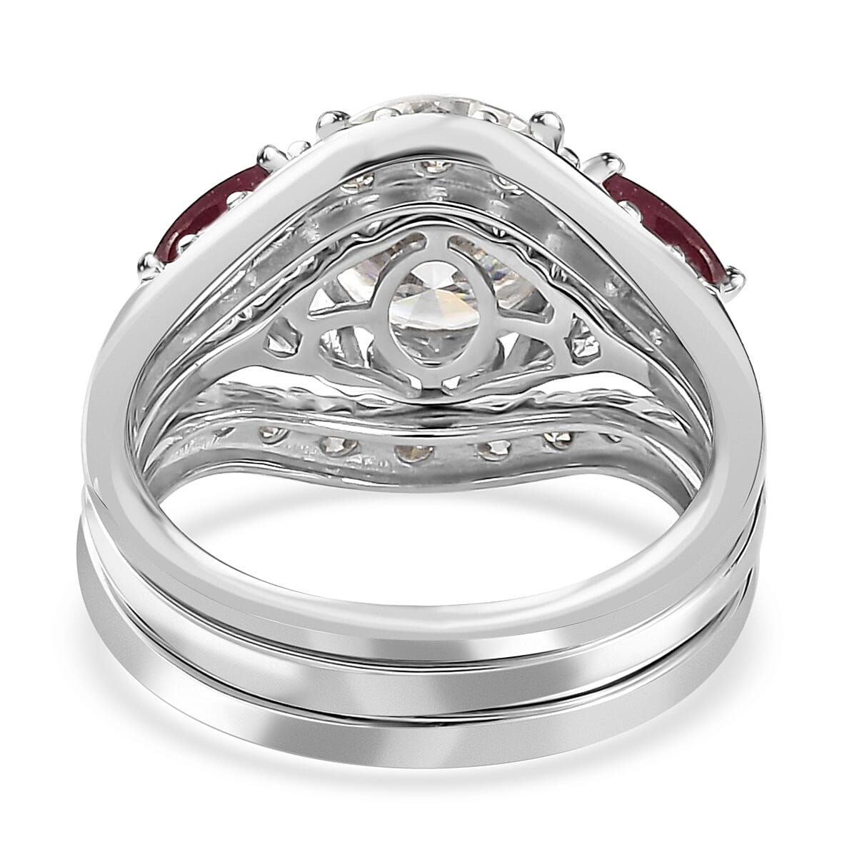 Moissanite and Niassa Ruby (FF) Set of 3 Stackable Ring in Platinum Over Sterling Silver (Size 9.0) 4.35 ctw image number 5
