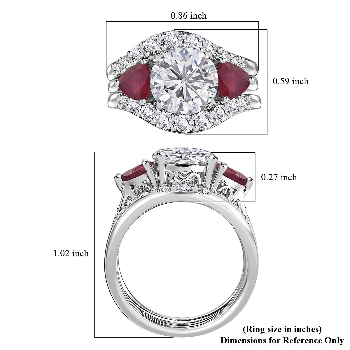 Moissanite and Niassa Ruby (FF) Set of 3 Stackable Ring in Platinum Over Sterling Silver (Size 9.0) 4.35 ctw image number 6