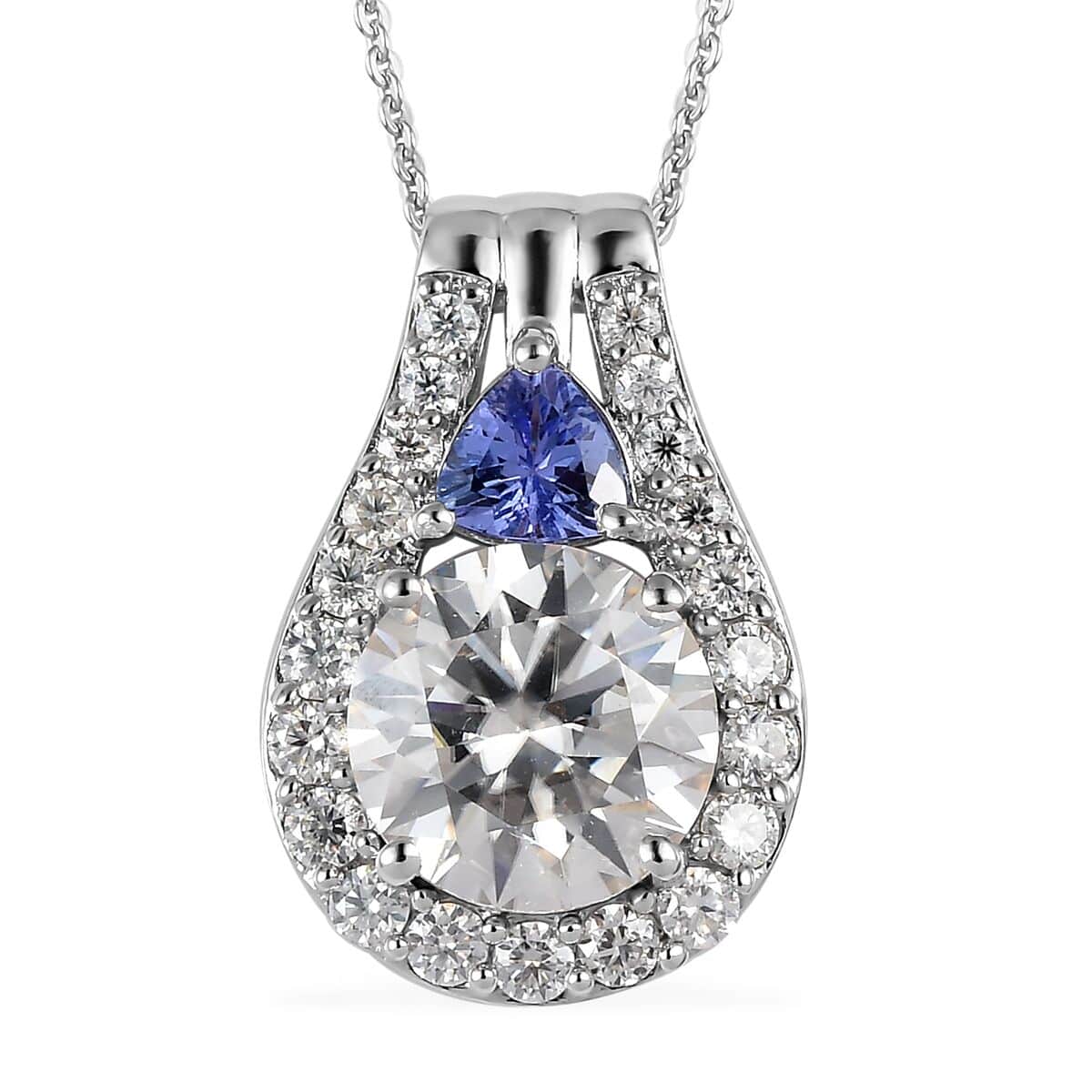 Moissanite and Tanzanite Pendant Necklace 20 Inches in Platinum Over Sterling Silver 3.35 ctw image number 0