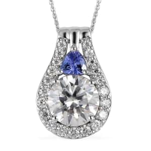 Moissanite and Tanzanite Pendant Necklace 20 Inches in Platinum Over Sterling Silver 3.35 ctw