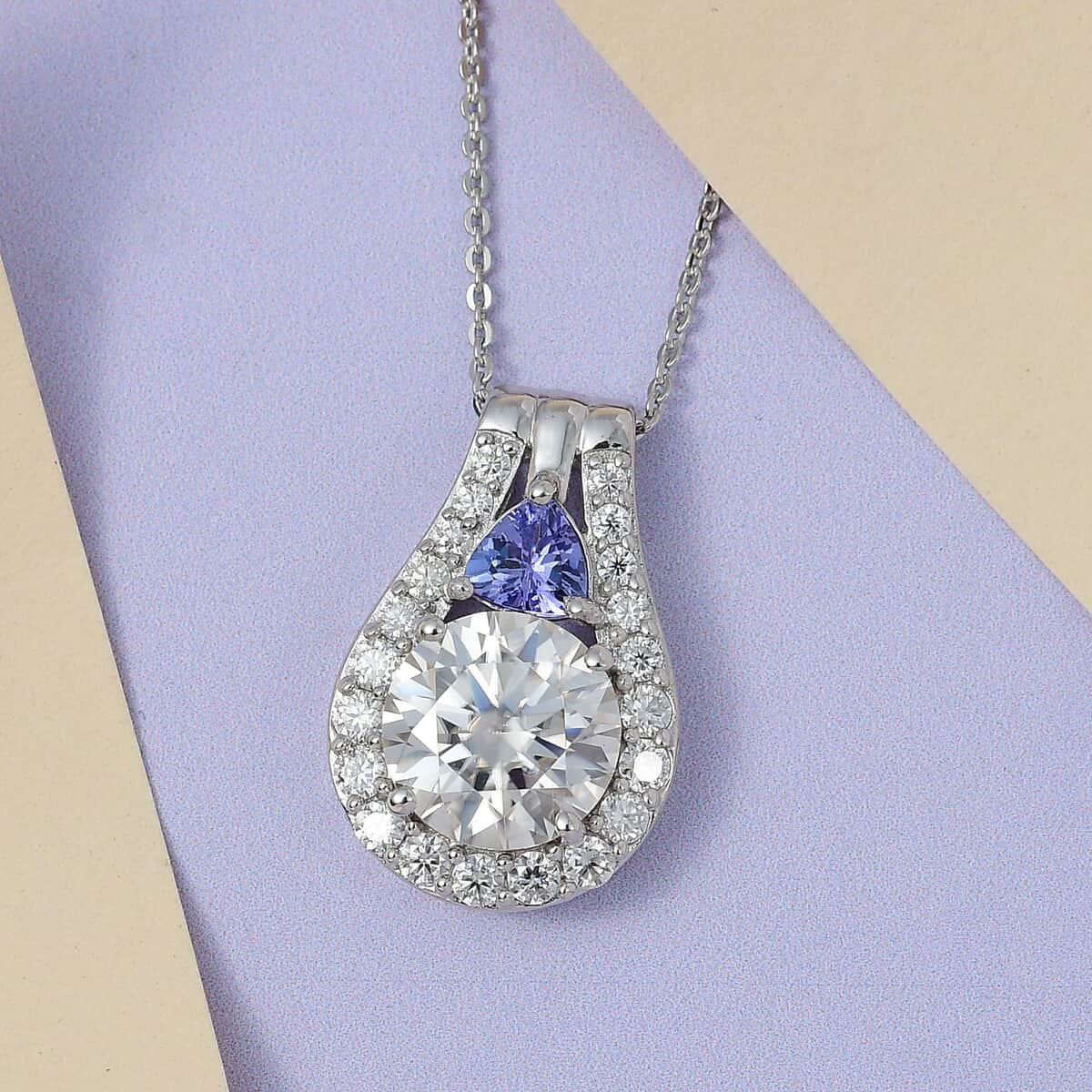 Moissanite and Tanzanite Pendant Necklace 20 Inches in Platinum Over Sterling Silver 3.35 ctw image number 1