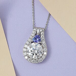 Moissanite and Tanzanite Pendant Necklace 20 Inches in Platinum Over Sterling Silver 3.35 ctw