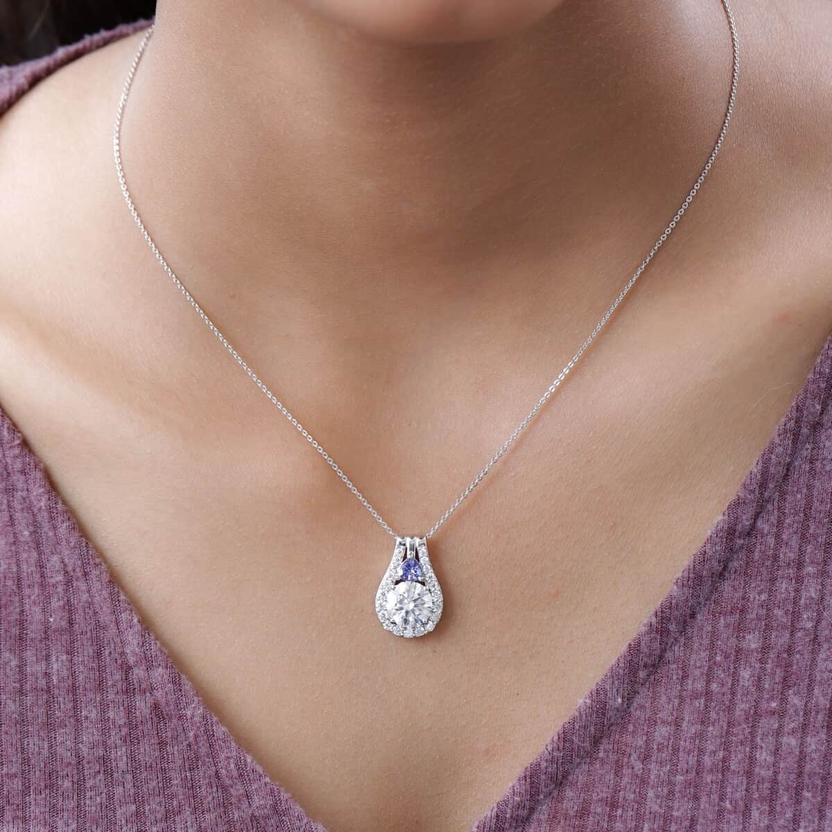 Moissanite and Tanzanite Pendant Necklace 20 Inches in Platinum Over Sterling Silver 3.50 ctw image number 2