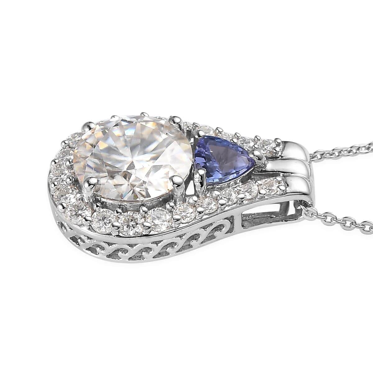 Moissanite and Tanzanite Pendant Necklace 20 Inches in Platinum Over Sterling Silver 3.35 ctw image number 3