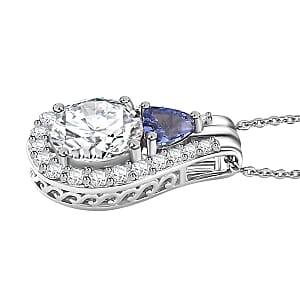 Moissanite and Tanzanite Pendant Necklace 20 Inches in Platinum Over Sterling Silver 3.35 ctw