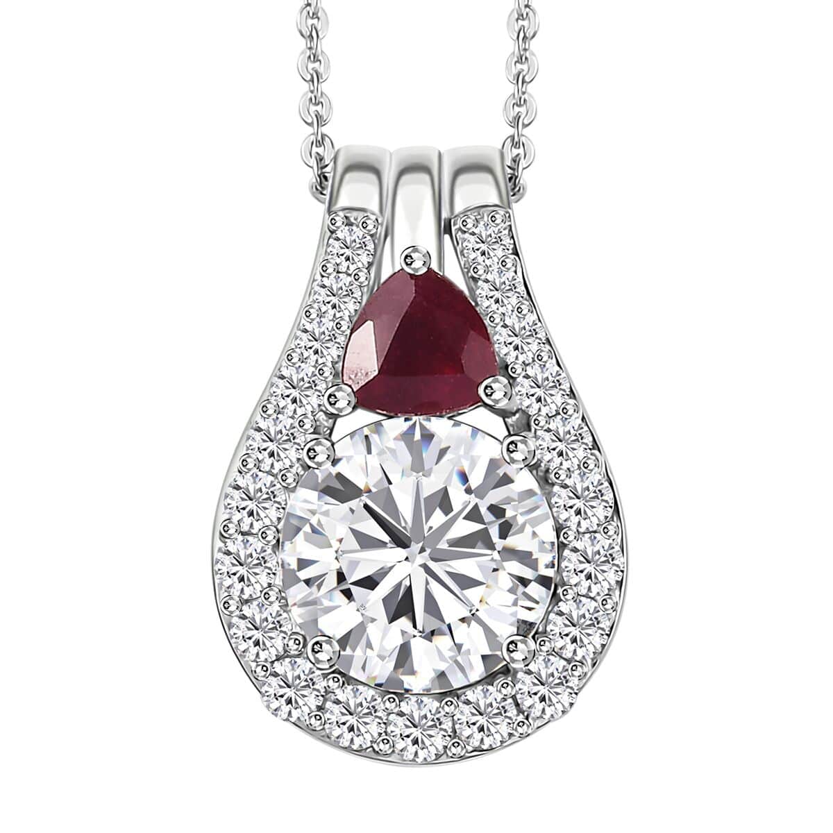 Moissanite and Niassa Ruby (FF) Pendant Necklace 20 Inches in Platinum Over Sterling Silver 3.75 ctw image number 0